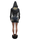 Denim Long Sleeve Hooded Skirts Two Piece Set MEM-88594