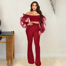 Off Shoulder Solid Color Two Piece Pants Set YD-1154