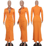 V Neck Pleated Solid Color Long Dress YD-1160-A6