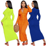V Neck Pleated Solid Color Long Dress YD-1160-A6