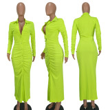 V Neck Pleated Solid Color Long Dress YD-1160-A6