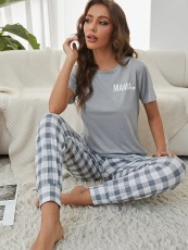 Letter Plaid Print Short Sleeve Pants Loungewear Set GXMB-9720