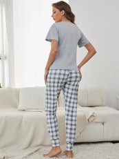 Letter Plaid Print Short Sleeve Pants Loungewear Set GXMB-9720