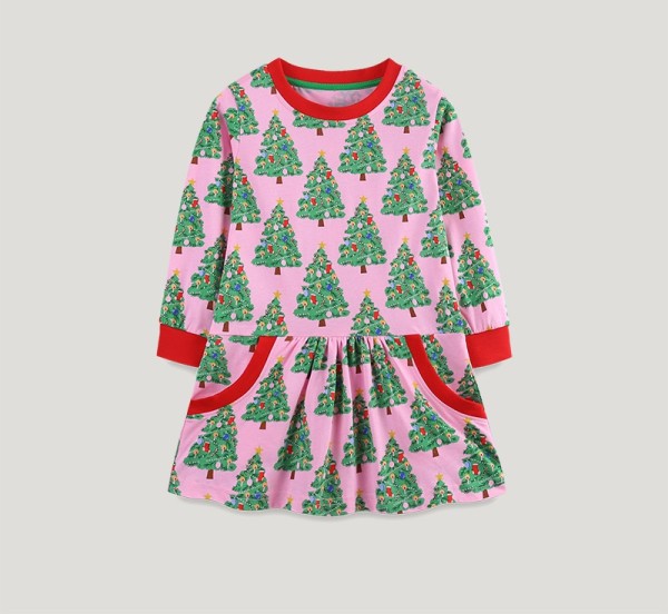 Kids Girl's Christmas Tree Print Long Sleeve Dress GASD-1547