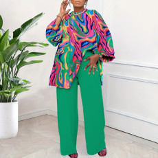 Plus Size Print Long Sleeve Loose Two Piece Pants Set NNWF-8036