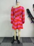 Printed Diagonal Shoulder Hollow Out Dress NY-S10883