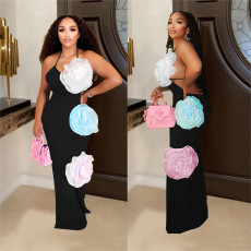 Solid Color Flower Backless Maxi Dress GFYX-C7048