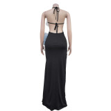 Solid Color Flower Backless Maxi Dress GFYX-C7048