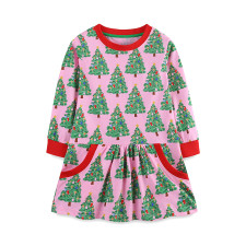 Kids Girl's Christmas Tree Print Long Sleeve Dress GASD-1547