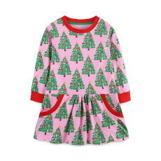 Kids Girl's Christmas Tree Print Long Sleeve Dress GASD-1547