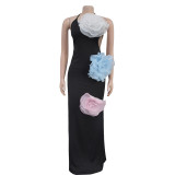 Solid Color Flower Backless Maxi Dress GFYX-C7048