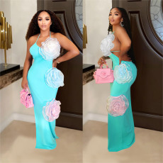 Solid Color Flower Backless Maxi Dress GFYX-C7048