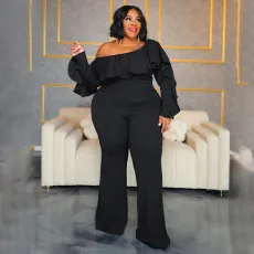 Plus Size Solid Color Slash Shoulder Jumpsuit NNWF-6019