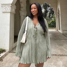 Plus Size Flare Sleeve Tie Up Solid Mini Dress NNWF-8011