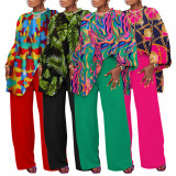 Plus Size Print Long Sleeve Loose Two Piece Pants Set NNWF-8036