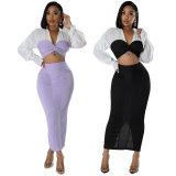 Long Sleeve Color Block Two Piece Skirts Set XHXF-8706