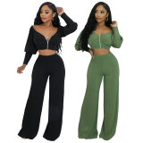 Solid Color Zipper Off Shoulder Two Piece Pants Set XHXF-8704