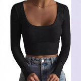 Ribbed Slim Large U Neck Long Sleeve Top  LSD-1949