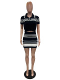 Stripe Print Short Sleeve Sweater Skirt Suit QXTF-83022
