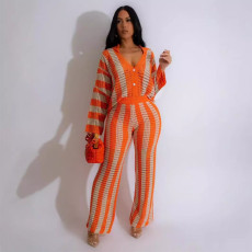 Stripe Color Block Knits Loose Two Piece Pants Set GYSF-8878