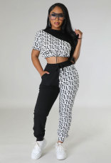 Casual Color Block Print Two Piece Pants Set XHXF-8705