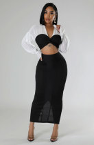 Long Sleeve Color Block Two Piece Skirts Set XHXF-8706