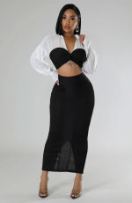Long Sleeve Color Block Two Piece Skirts Set XHXF-8706