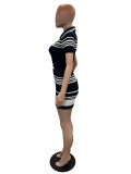 Stripe Print Short Sleeve Sweater Skirt Suit QXTF-83022