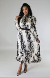 Casual Print Long Sleeve Loose Midi Dress XHXF-431
