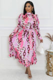 Casual Print Long Sleeve Loose Midi Dress XHXF-431