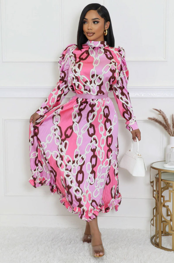 Casual Print Long Sleeve Loose Midi Dress XHXF-431