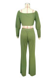 Solid Color Zipper Off Shoulder Two Piece Pants Set XHXF-8704