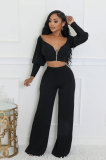 Solid Color Zipper Off Shoulder Two Piece Pants Set XHXF-8704