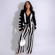 Stripe Color Block Knits Loose Two Piece Pants Set GYSF-8878