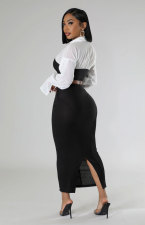 Long Sleeve Color Block Two Piece Skirts Set XHXF-8706