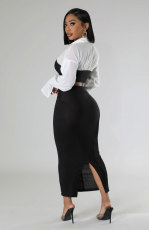 Long Sleeve Color Block Two Piece Skirts Set XHXF-8706