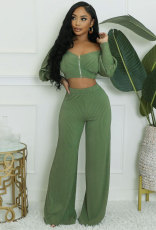 Solid Color Zipper Off Shoulder Two Piece Pants Set XHXF-8704