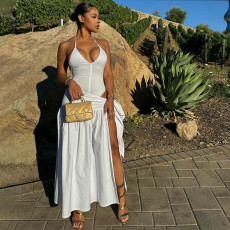 Solid Color Backless Bodysuit Two Piece Skirts Set  XEF-53981