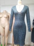 Long Sleeve V Neck Midi Dress GDIM-8040