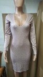 Long Sleeve V Neck Midi Dress GDIM-8040