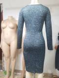 Long Sleeve V Neck Midi Dress GDIM-8040