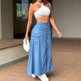 Single-button Denim Long Skirt GAKF-40914