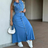 Single-button Denim Long Skirt GAKF-40914