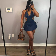 Sexy Backless Tie Up Split Denim Mini Dress GAKF-40912
