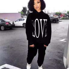 Letter Print Hooded Long Sleeve Two Piece Pants Set QZX-6296