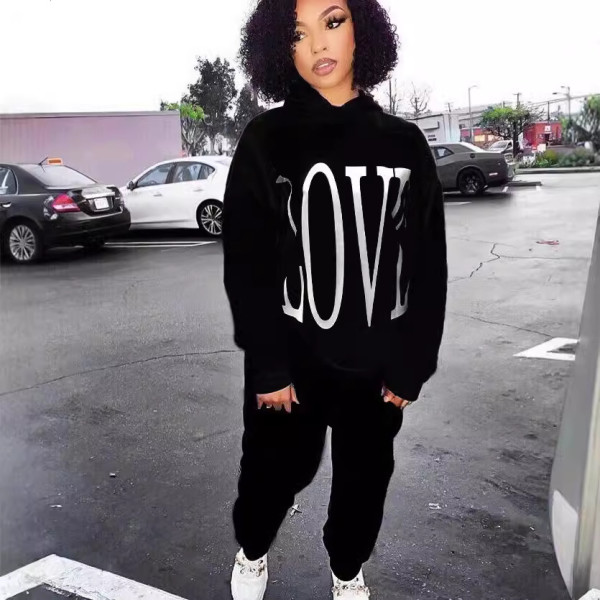 Letter Print Hooded Long Sleeve Two Piece Pants Set QZX-6296