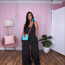 Solid Color Sling Loose Jumpsuit TE-4701