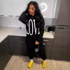Letter Print Hooded Long Sleeve Two Piece Pants Set QZX-6296