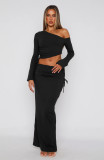 Solid Color Slash Shoulder Drawstring Skirt Suit GXYF-0420
