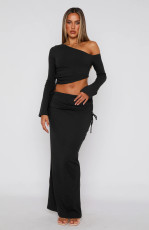 Solid Color Slash Shoulder Drawstring Skirt Suit GXYF-0420